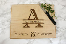 Load image into Gallery viewer, 9&quot; x 12&quot; Maple Cutting Board Monogrammed with Latitude &amp; Longitude