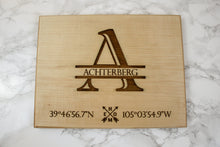 Load image into Gallery viewer, 9&quot; x 12&quot; Maple Cutting Board Monogrammed with Latitude &amp; Longitude